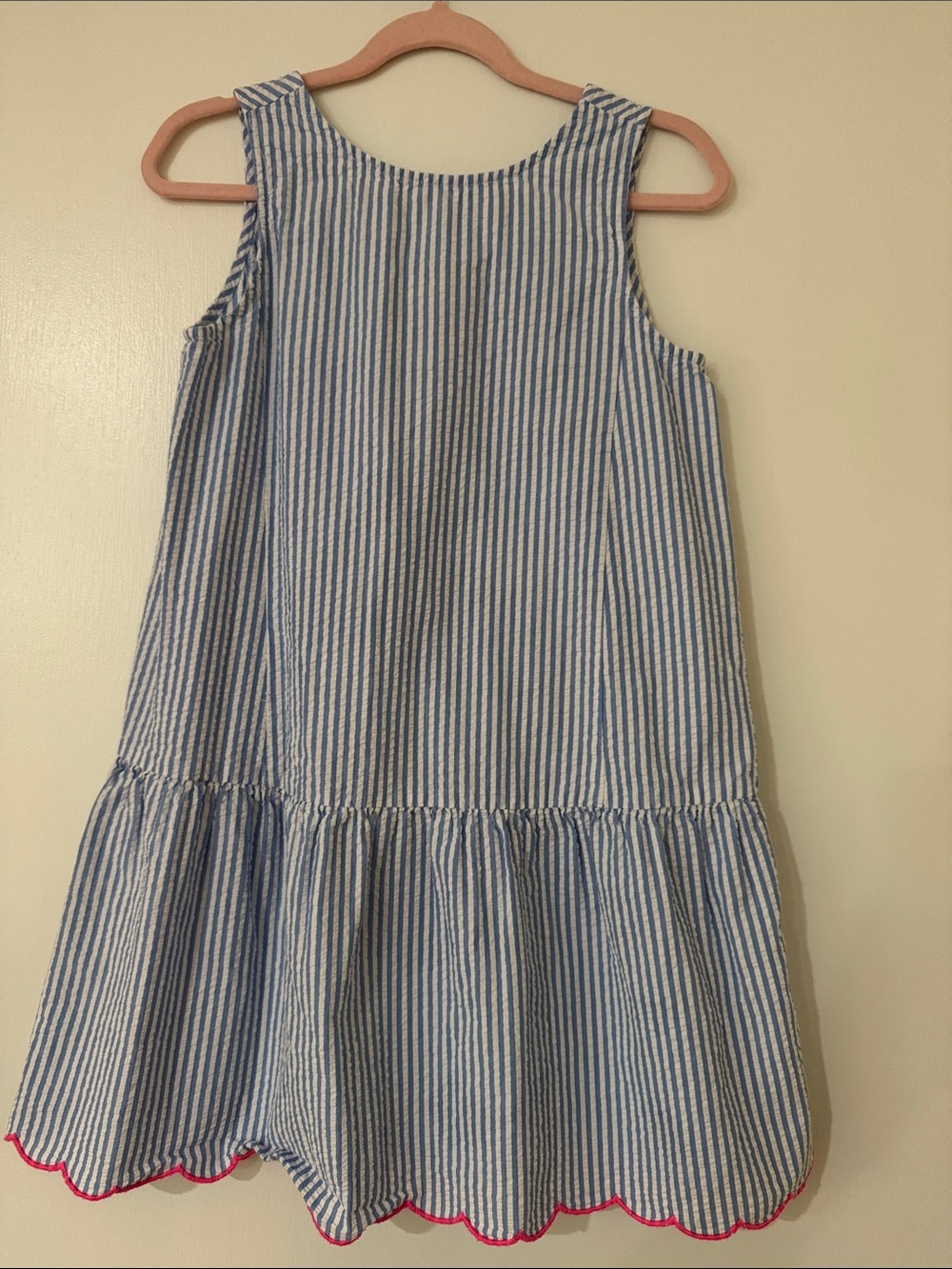 Crewcuts Blue and White Striped Scallop-Hem Dress with Pink Trim